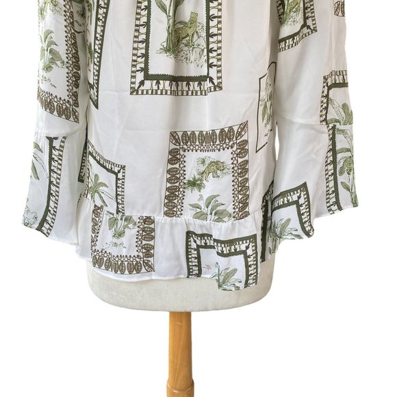 NWT Ecru Bellucci Tropical Postcard Bar Detail Animal Print Indie Ruffle Top-L - Picture 10 of 16